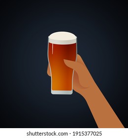 Hand Hold Glass of Beer on Dark Background. Modern Vector Illustration. Social Media Ads.