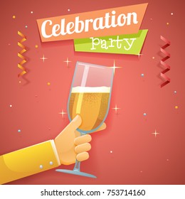 Hand Hold Glass champagne Toast Pledge Success Celebration Prosperity Symbol Drink Icon Semi Flat Design Template Vector Illustration