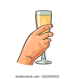 Hand hold glass champagne. Vector color flat illustration for web, poster, invitation to party. Hand drawn design element isolated on white background.