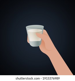Hand Hold Glass of Drink on Dark Background. Modern Vector Illustration. Social Media Ads.