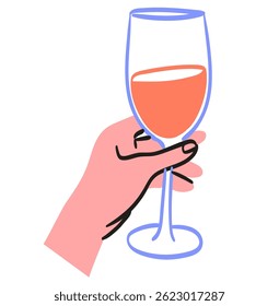 Segure o vidro com o coquetel vermelho ou outra bebida alcoólica e alegre-se bebendo torrada à amizade ou em um encontro. Ilustração vetorial para cartões comemorativos, cartões postais, cartazes ou cartaz. Elemento isolado