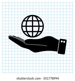 hand hold globe - black vector icon