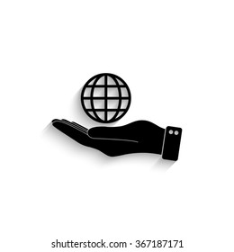 hand hold globe - black vector  icon with shadow