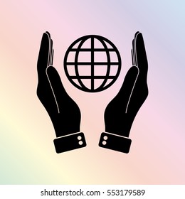 hand hold globe  - black vector icon