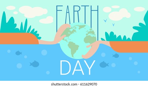 Hand Hold Globe Earth Day Global Ecological World Protection Holiday Concept Flat Vector Illustration