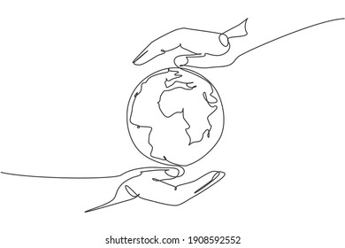 Hand hold globe earth. Single continuous line world global map graphic icon. Simple one line doodle for environment campaign concept. Isolated vector illustration minimalist design on white background