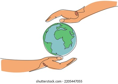Hand hold globe earth. Single continuous line world global map graphic icon. Simple one line doodle for environment campaign concept. Isolated vector illustration minimalist design on white background