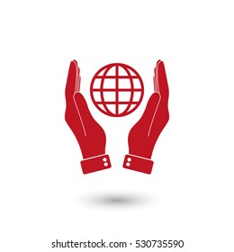 hand hold globe - red vector  icon with shadow