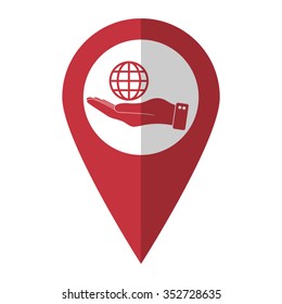hand hold globe - vector icon; red map  pointer