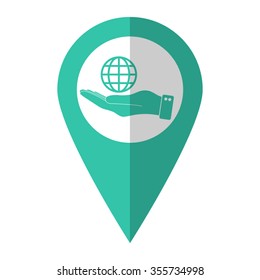 hand hold globe - vector icon;  green map pointer