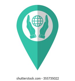 hand hold globe - vector icon;  green map pointer