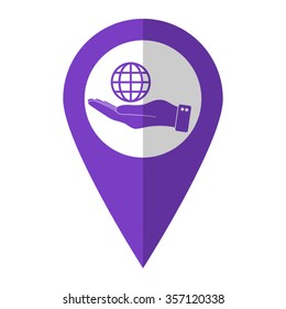 hand hold globe - vector icon;  violet map pointer