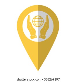 hand hold globe - vector icon;  yellow map pointer