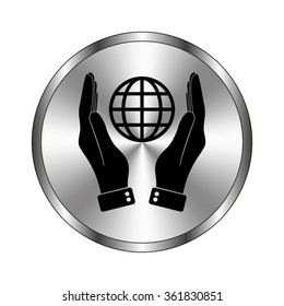 hand hold globe - vector icon;  metal button