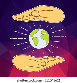 Hand hold globe. Vector icon