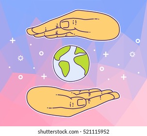 Hand hold globe. Vector icon