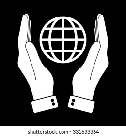 hand hold globe - white vector icon