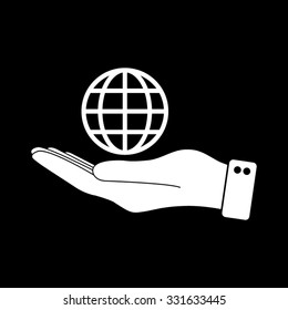 hand hold globe - white vector icon