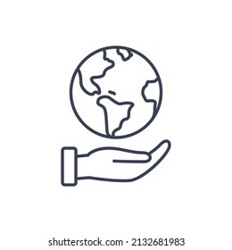 Hand hold globe world line icon. Earth help logo planet protect concept vector global ecology