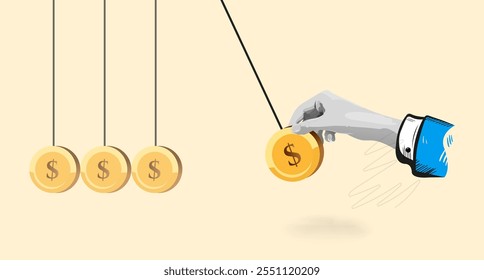 Hand hold gold coin, investing money in stock market, income growth or falls. Launching the operation of funds. Activation and distribution of funds financial concept. Collage Art Vector illustration