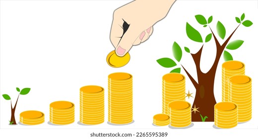 Hand hold gold coin. Stack of the coin that grows. Rich look like tree grows.Financial concepts. Investing money and financial growth success concept. Growing plant in process.