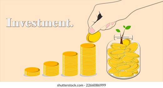Hand hold gold coin. Stack of the coin that grows. Small tree is grow in clear bottle .Financial concepts. Investing money and financial growth success concept. Growing plant in process.