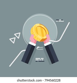 Hand hold a gold coin, strengthening of currency, graph up, finance investment 3d flat vector illustration