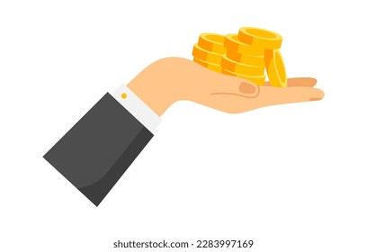 Hand hold gold coins flat icon Hard work. Vector illustration