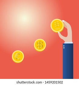 hand hold golden coin vector illustration.