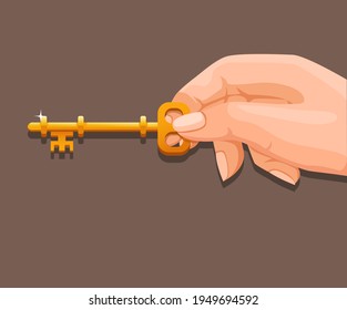 Hand hold golden key symbol for unlock door or chest treasure box concept in cartoon illustration vector