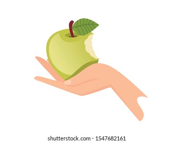 Hand hold the green bitten apple flat vector illustration isolated on white background