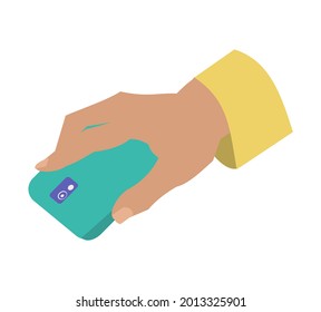 Hand hold green smartphone Flat vector illustration on white background