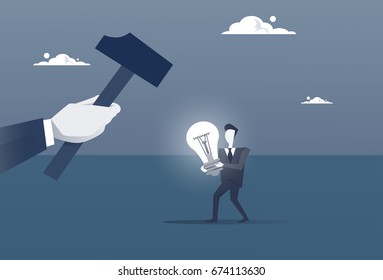 Hand Hold Hammer Broking Business Man With Light Bulb Crack New Idea Concept Concept Flat Vector Illustration