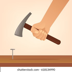 Hand hold hammer and hits nail. Construction concept. Vector flat cartoon illustration 