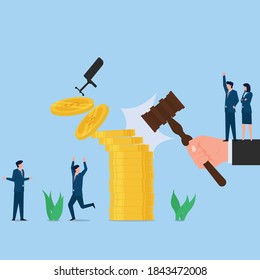 Hand hold hammer law punch the coins stack metaphor of fight against bribery. Business flat vector concept illustration.