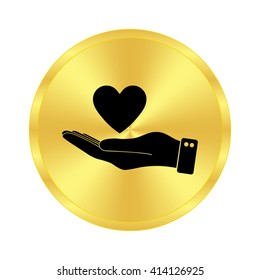 hand hold heart - black vector icon;  golden button