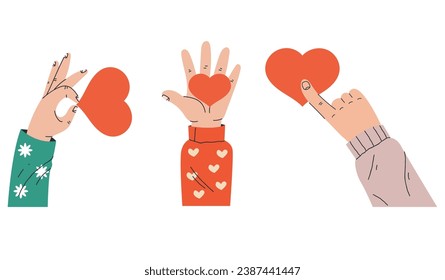 Hand hold heart charity volunteer help isolated set. Vector flat graphic design illustration