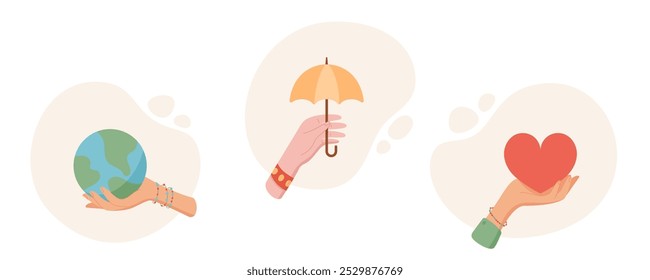 Hand hold heart, globe, and umbrella in this flat cartoon illustration. Gesture of care and protection, isolated icon set. Concept of charity, world safety, insurance. Ideal for educational materials