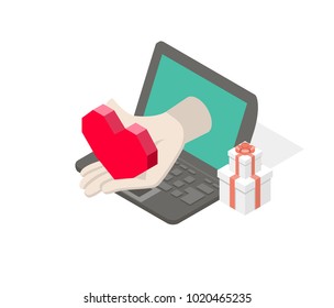 Hand hold heart. Isometric Vector illustration. Laptop of heart. Valentine day.