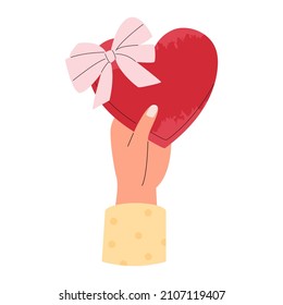 Hand hold heart shaped box of chocolate. Valentine's day. Flat vector illustration