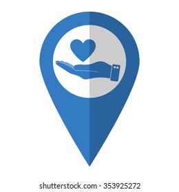 hand hold heart - vector icon; blue map  pointer