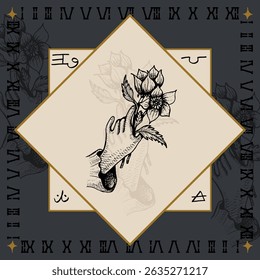 mão segurar hellebore rosa flor símbolo alquímico projeto gravura vetor ilustração no vintage estilo medieval antigo