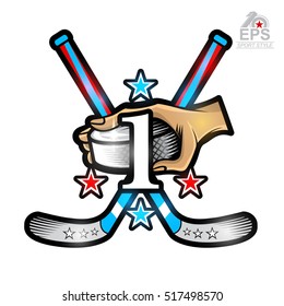 Hand hold hockey puck with crosses hockey stick and number one on front. Vector sport logo isolated on white for any team or competition