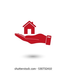 hand hold home - red vector  icon with shadow