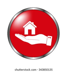 hand hold home - vector icon on  the red button