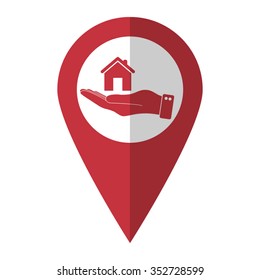 hand hold home - vector icon; red map  pointer