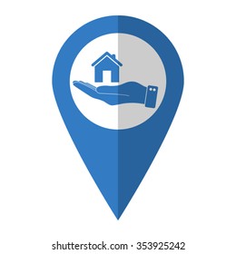 hand hold home - vector icon; blue map  pointer