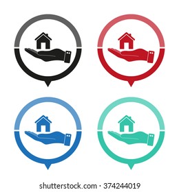 hand hold home - vector icon; map pointer;  message bubble