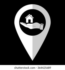 hand hold home - white vector icon;  map pointer