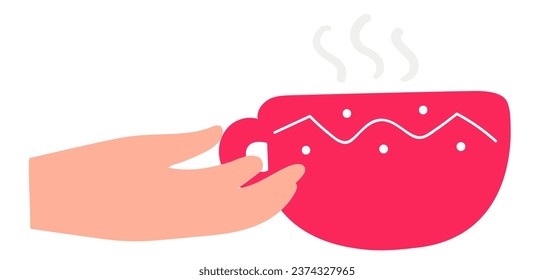 Hand hold hot mug. Drink coffee. Vector design illustration on white background.